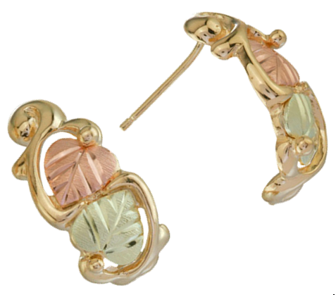 Hoop Earrings, 10k Yellow Gold, 12k Green and Rose Gold Black Hills Gold Motif