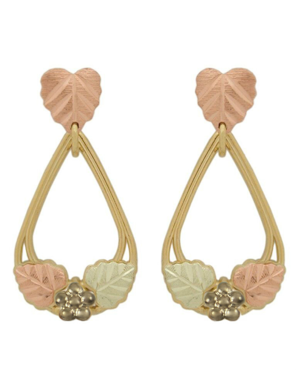Inlaid Leaf Teardrop Earrings, 10k Yellow Gold, 12k Green and Rose Gold Black Hills Gold Motif