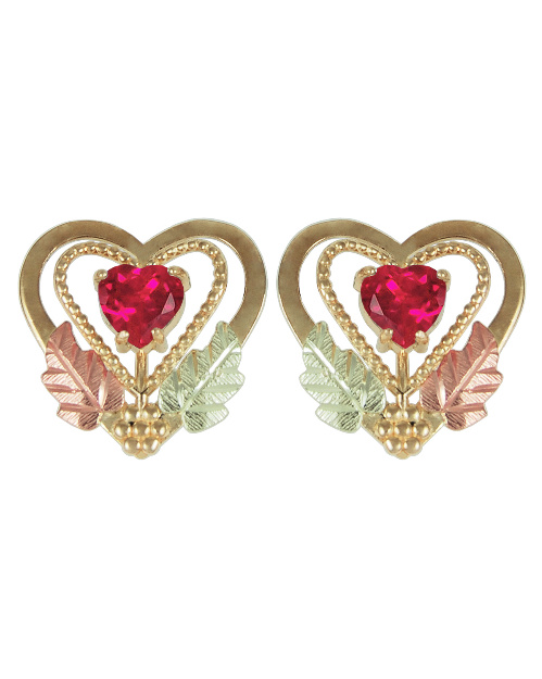 Lab Created Ruby Earrings, 10k Yellow Gold, 12k Rose and Green Gold Black Hills Gold Motif