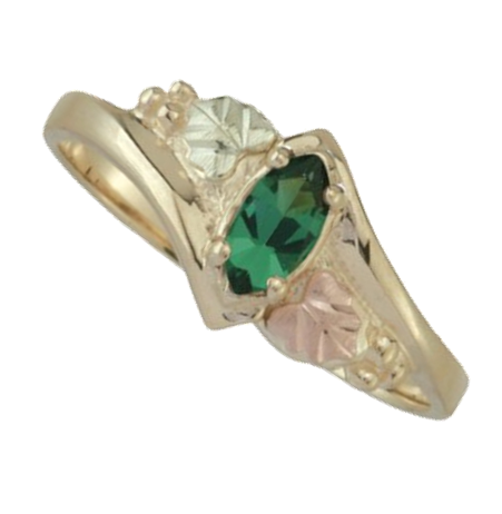 Mount St. Helens Emerald Obsidianite Marquise Ring, 10k Yellow Gold, 12k Green and Rose Gold Black Hills Gold Motif 