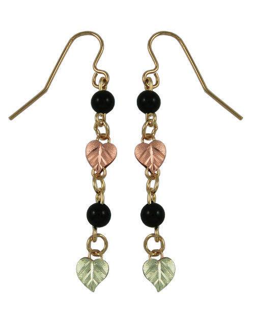 Onyx Dangle Earrings, 10k Yellow Gold, 12k Rose and Green Gold Black Hills Gold Motif