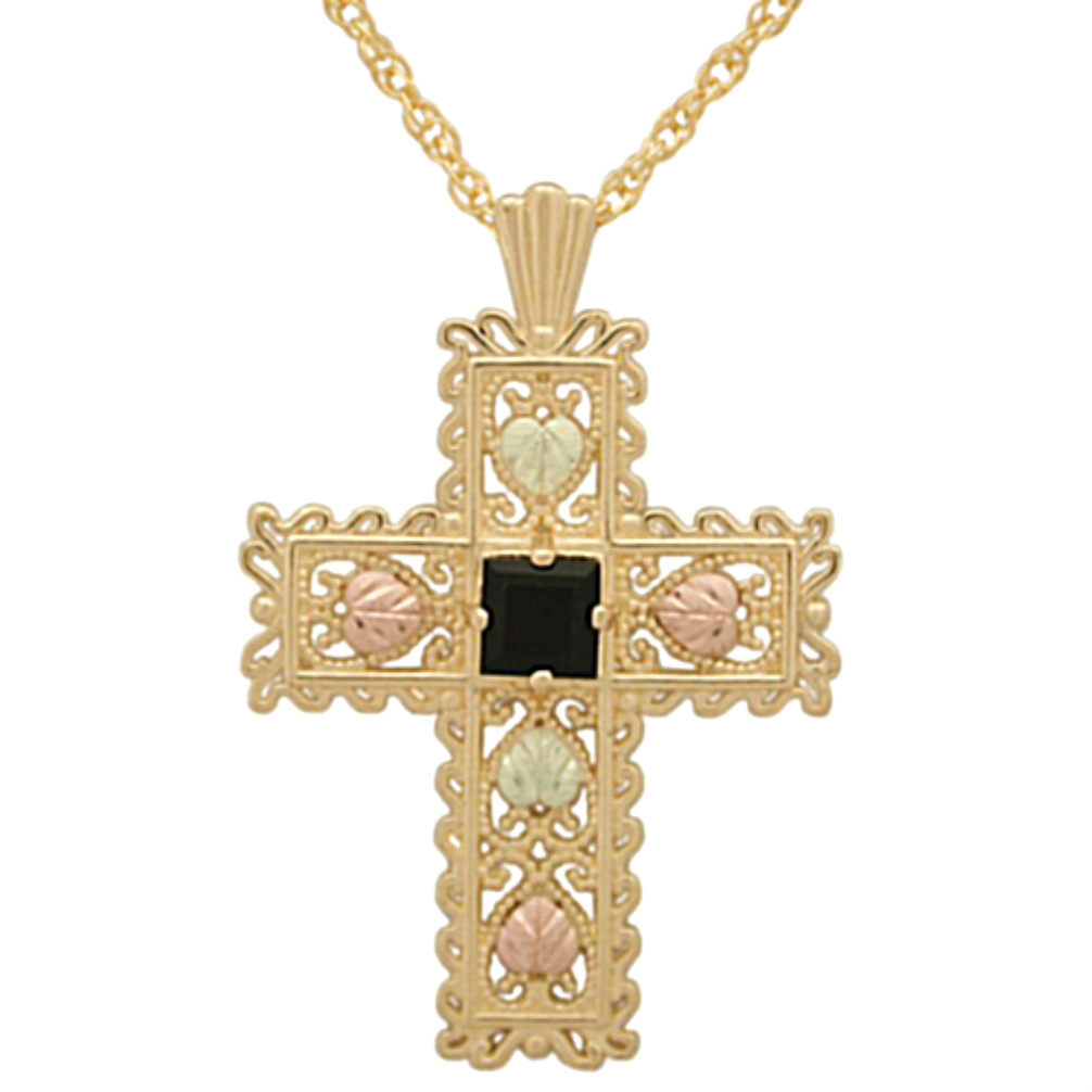 Faceted Onyx Square Cross Pendant Necklace, 10k Yellow Gold, 12k Green and Rose Gold Black Hills Gold Motif