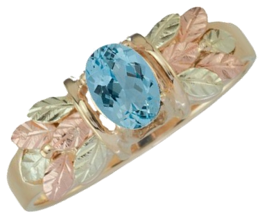 Oval Aquamarine Band with Bouquet, 10k Yellow Gold, 12k Green and Rose Gold Black Hills Gold Motif