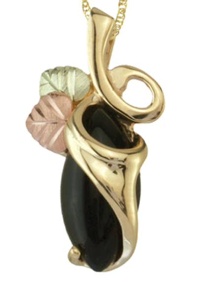 Oval Onyx with Leaves Pendant Necklace in 10k Yellow Gold, 12k Green and Rose Gold Black Hills Gold Motif