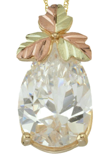 Pear CZ Pendant Necklace, 10k Yellow Gold, 12k Green and Rose Gold Black Hills Gold Motif