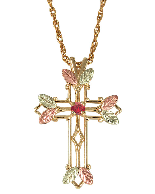 Ruby Pointed Cross Pendant Necklace, 10k Yellow Gold, 12k Green and Rose Gold Black Hills Gold Motif