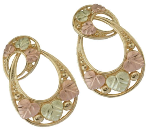 Teardrop Earrings, 10k Yellow Gold, 12k Green and Rose Gold Black Hills Gold Motif