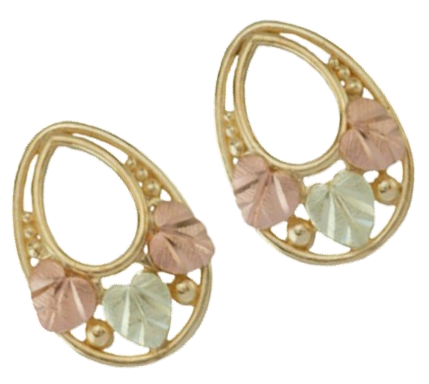 Teardrop Earrings, 10k Yellow Gold, 12k Green and Rose Gold Black Hills Gold Motif