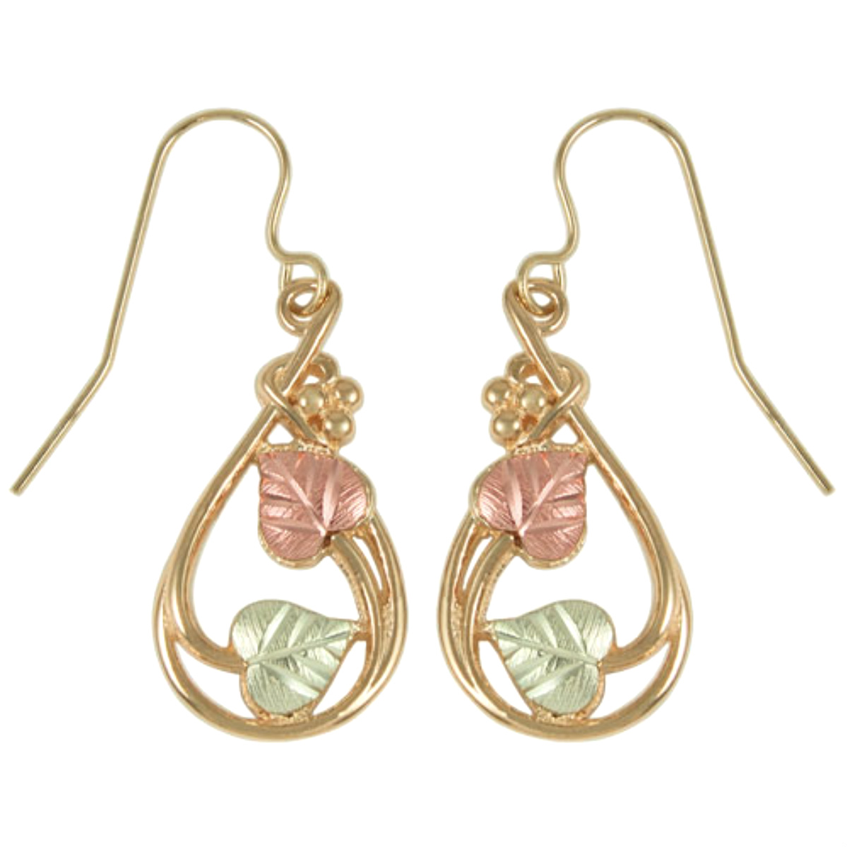 Teardrop Heart Shape Grape Leaves Earrings, 10k Yellow Gold, 12k Rose and Green Gold Black Hills Gold Motif