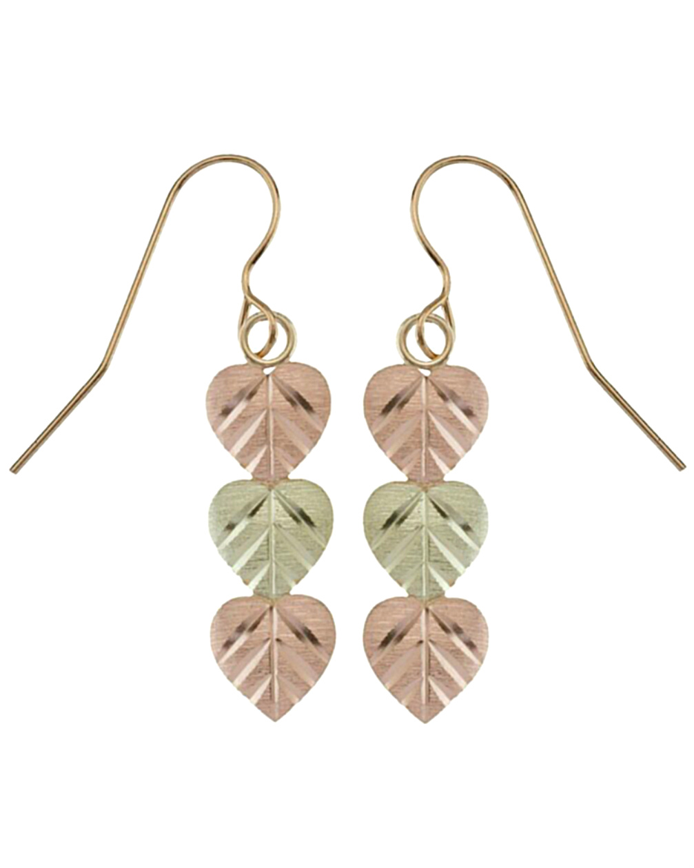 Heart Grape Leaf Series Earrings, 10k Yellow Gold, 12k Green and Rose Gold Black Hills Gold Motif