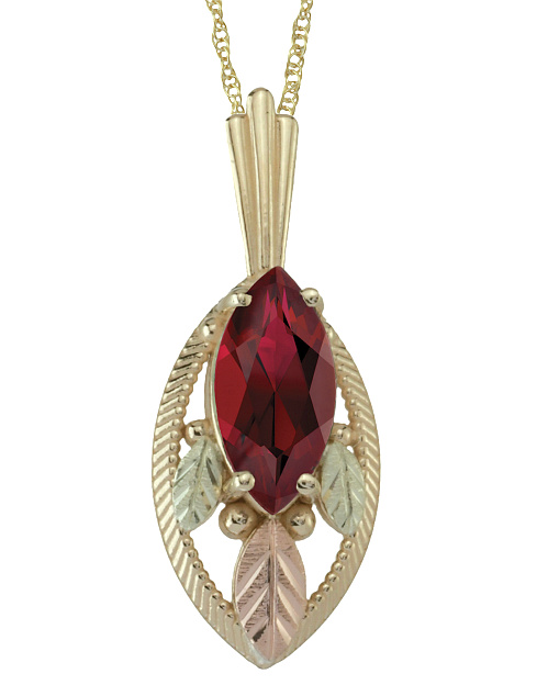 Garnet Marquise Pendant Necklace, 10k Yellow Gold, 12k Green and Rose Gold Black Hills Gold Motif