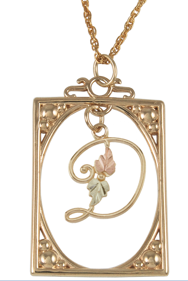 Initial 'D' Square Pendant Necklace, 10k Yellow Gold, 12k Green and Rose Gold Black Hills Gold Motif