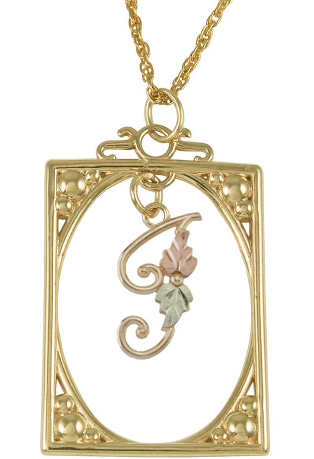 Initial 'J' Square Pendant Necklace, 10k Yellow Gold, 12k Green and Rose Gold Black Hills Gold Motif