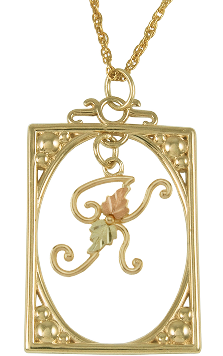 Initial 'K' Square Pendant Necklace, 10k Yellow Gold, 12k Green and Rose Gold Black Hills Gold Motif