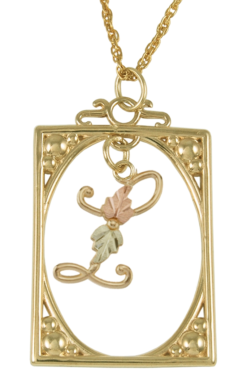 Initial 'L' Square Pendant Necklace, 10k Yellow Gold, 12k Green and Rose Gold Black Hills Gold Motif