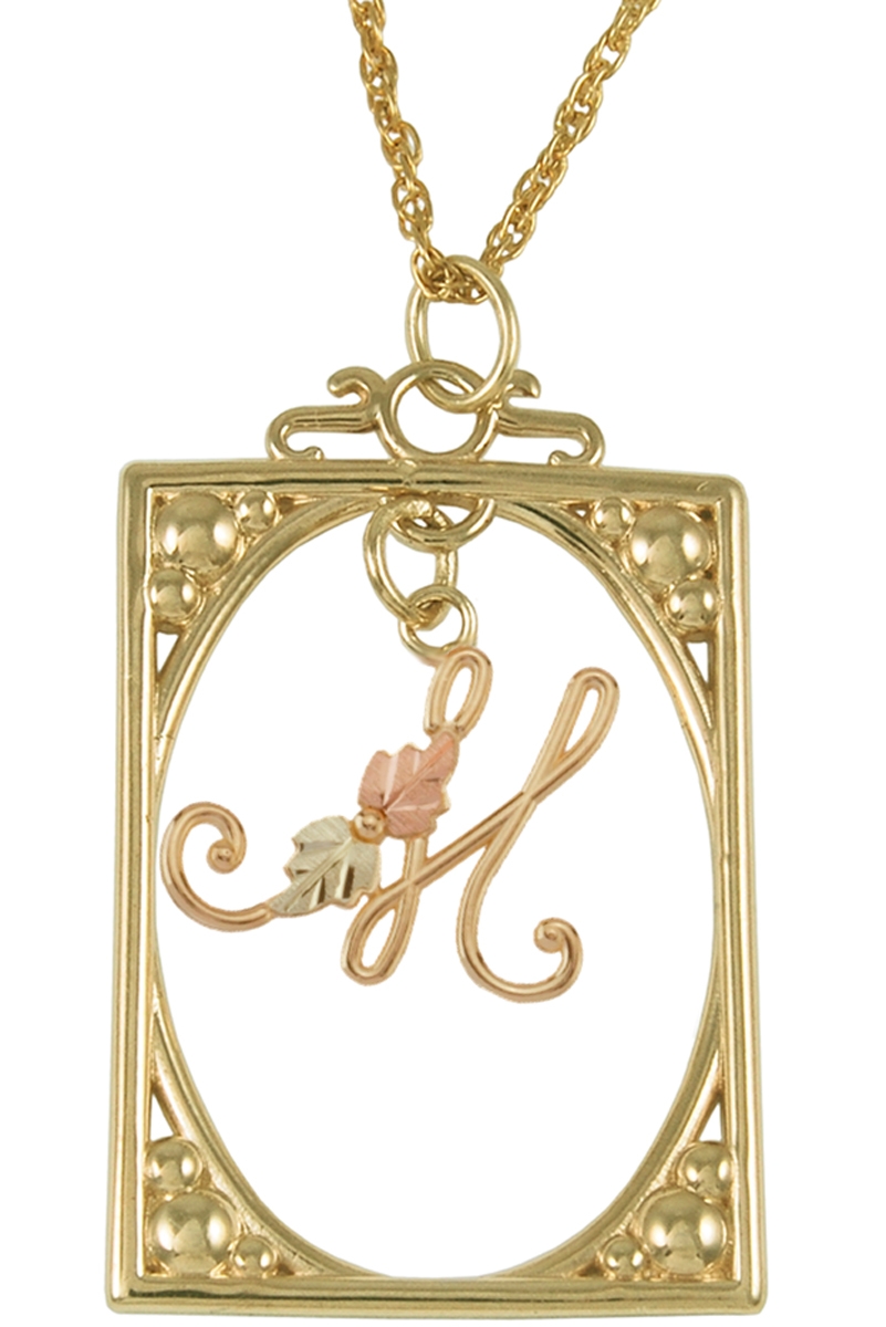 Initial 'M' Square Pendant Necklace, 10k Yellow Gold, 12k Green and Rose Gold Black Hills Gold Motif