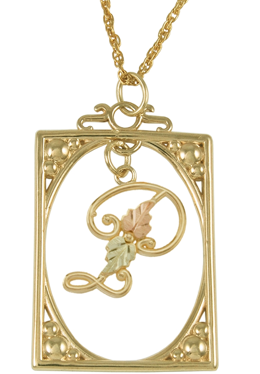 Initial 'P' Square Pendant Necklace, 10k Yellow Gold, 12k Green and Rose Gold Black Hills Gold Motif