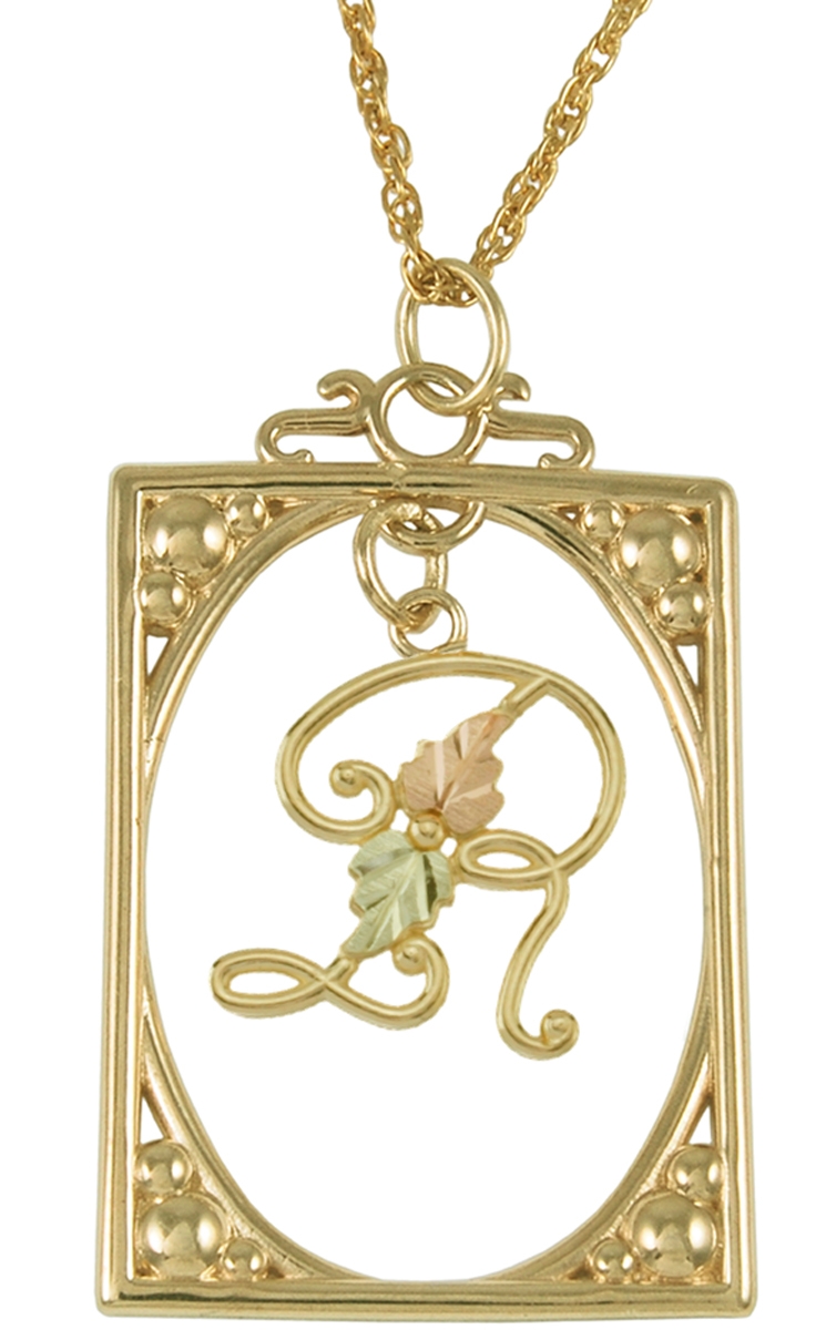 Initial 'R' Square Pendant Necklace, 10k Yellow Gold, 12k Green and Rose Gold Black Hills Gold Motif