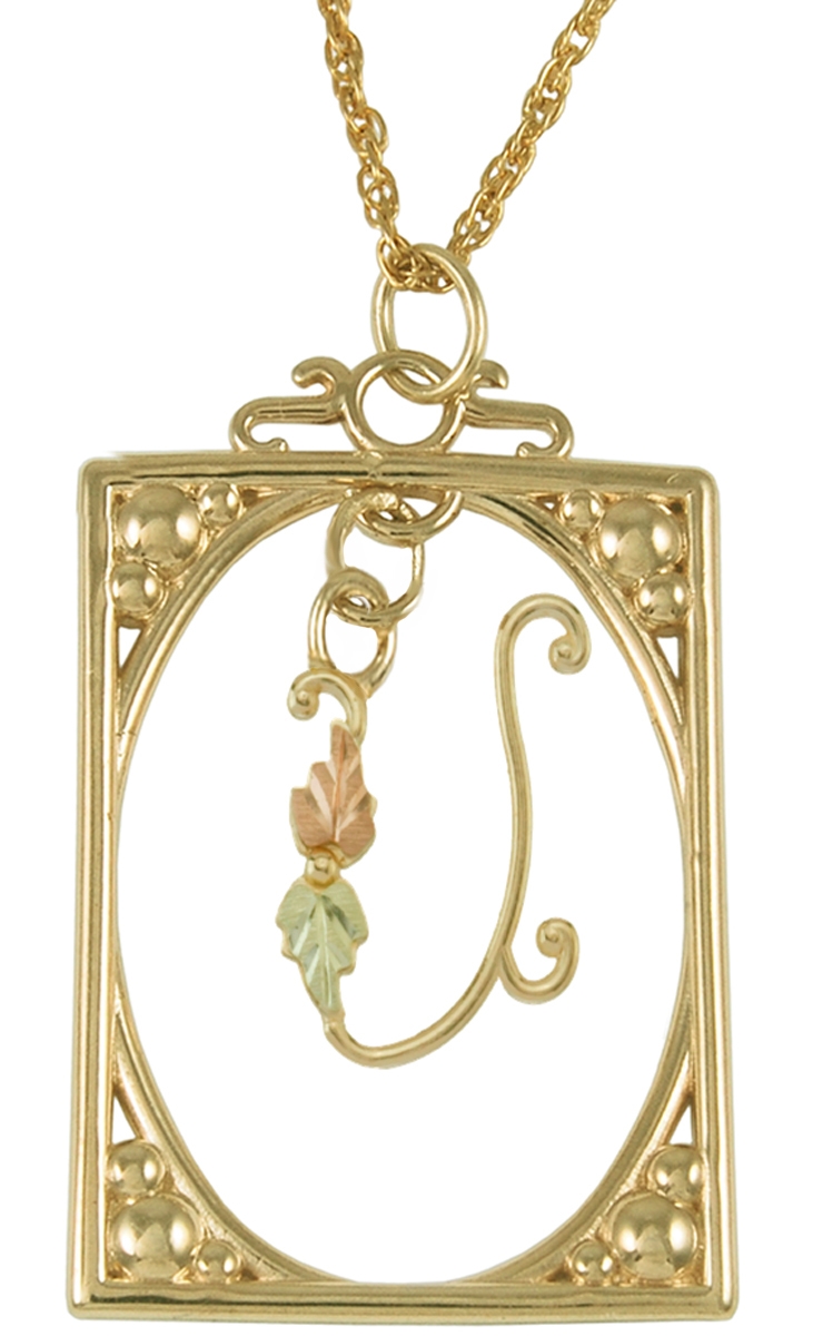 Initial 'U' Square Pendant Necklace, 10k Yellow Gold, 12k Green and Rose Gold Black Hills Gold Motif