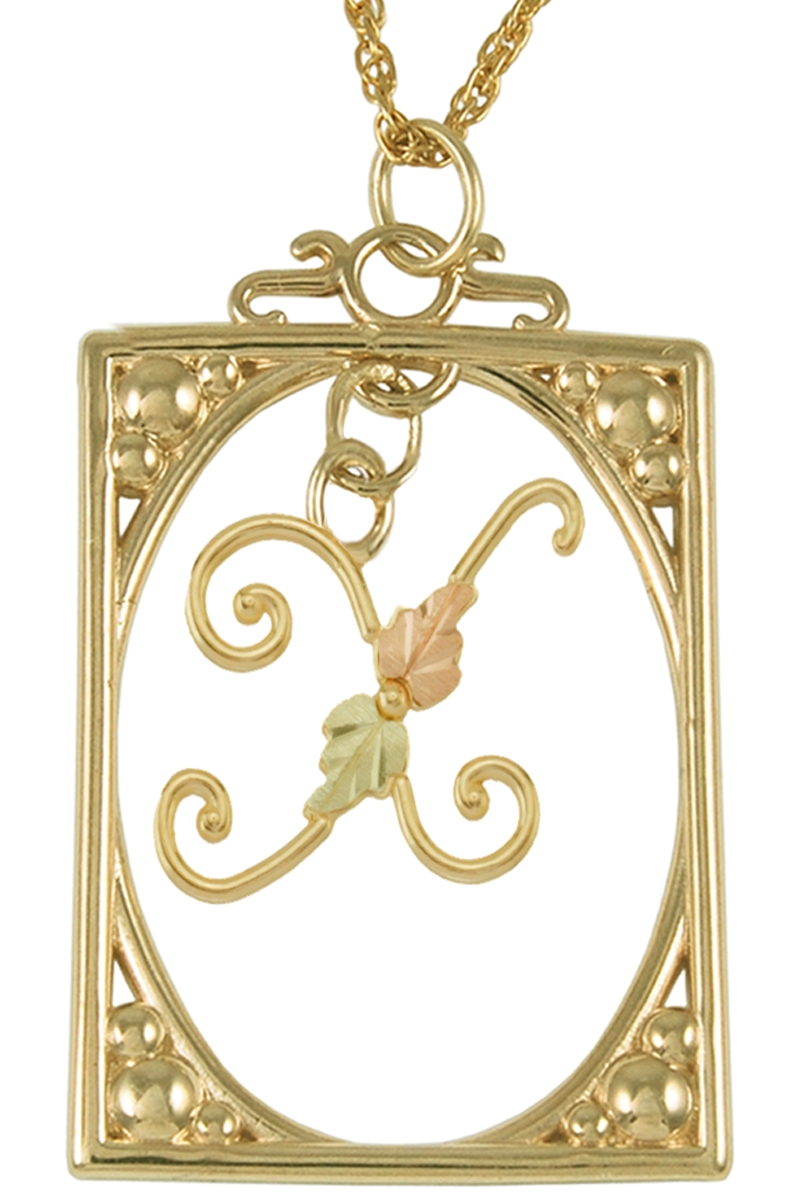 Initial 'X' Square Pendant Necklace, 10k Yellow Gold, 12k Green and Rose Gold Black Hills Gold Motif