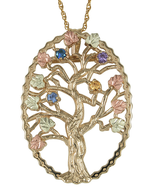 Multi Gemstone Tree Pendant Necklace, 10k Yellow Gold, 12k Green and Rose Gold Black Hills Gold Motif