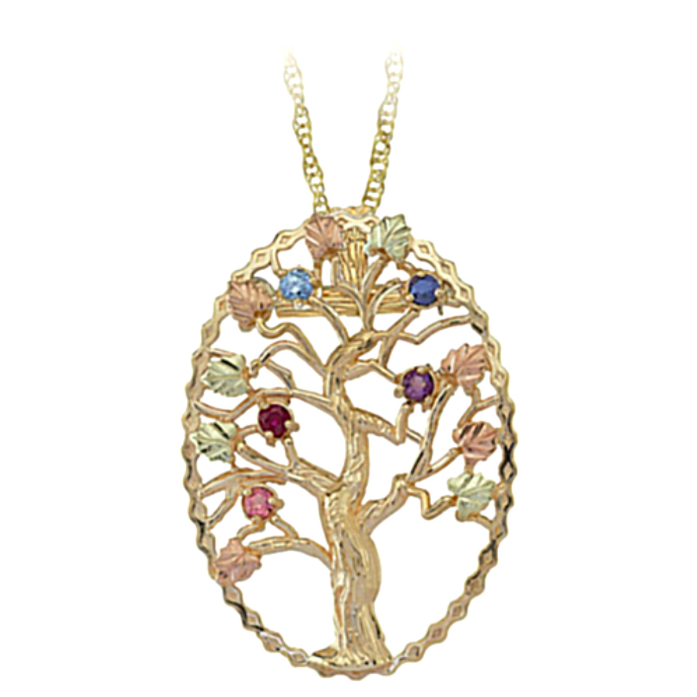Multi Gemstone Tree Pendant Necklace, 10k Yellow Gold, 12k Green and Rose Gold Black Hills Gold Motif
