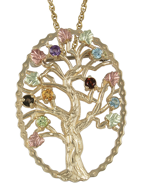 Multi Gemstone Tree Pendant Necklace, 10k Yellow Gold, 12k Green and Rose Gold Black Hills Gold Motif