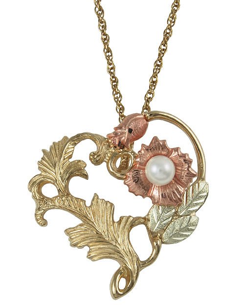 Pearl Pendant Necklace, 10k Yellow Gold, 12k Green and Rose Gold Black Hills Gold Motif