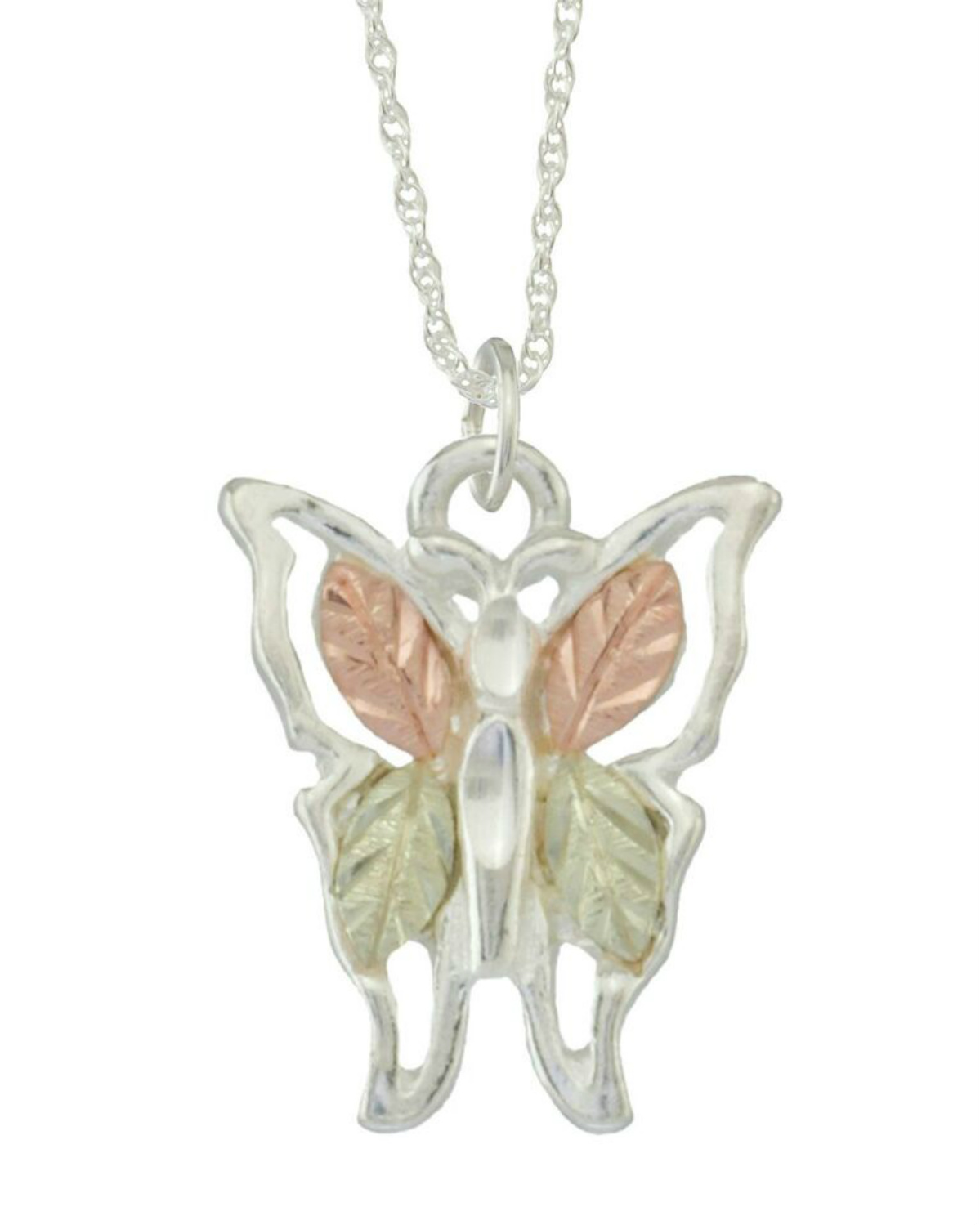 Butterfly Earrings and Necklace Matching Set, Sterling Silver, 12k Green and Rose Gold Black Hills Gold Motif