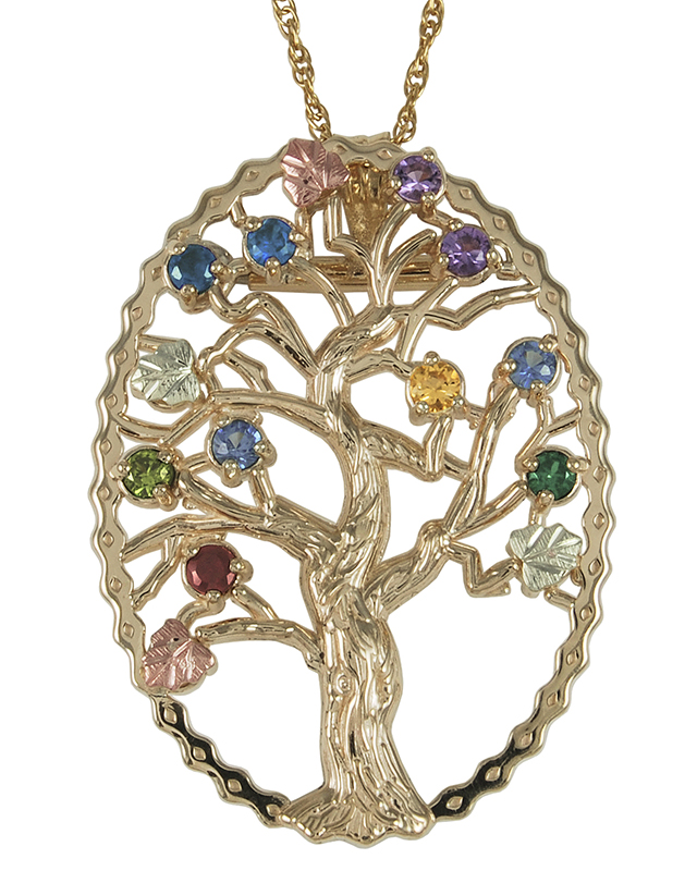 Multi Gemstone Tree Pendant Necklace, 10k Yellow Gold, 12k Green and Rose Gold Black Hills Gold Motif