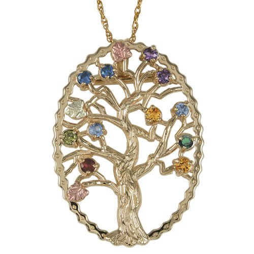 Multi Gemstone Tree Pendant Necklace, 10k Yellow Gold, 12k Green and Rose Gold Black Hills Gold Motif