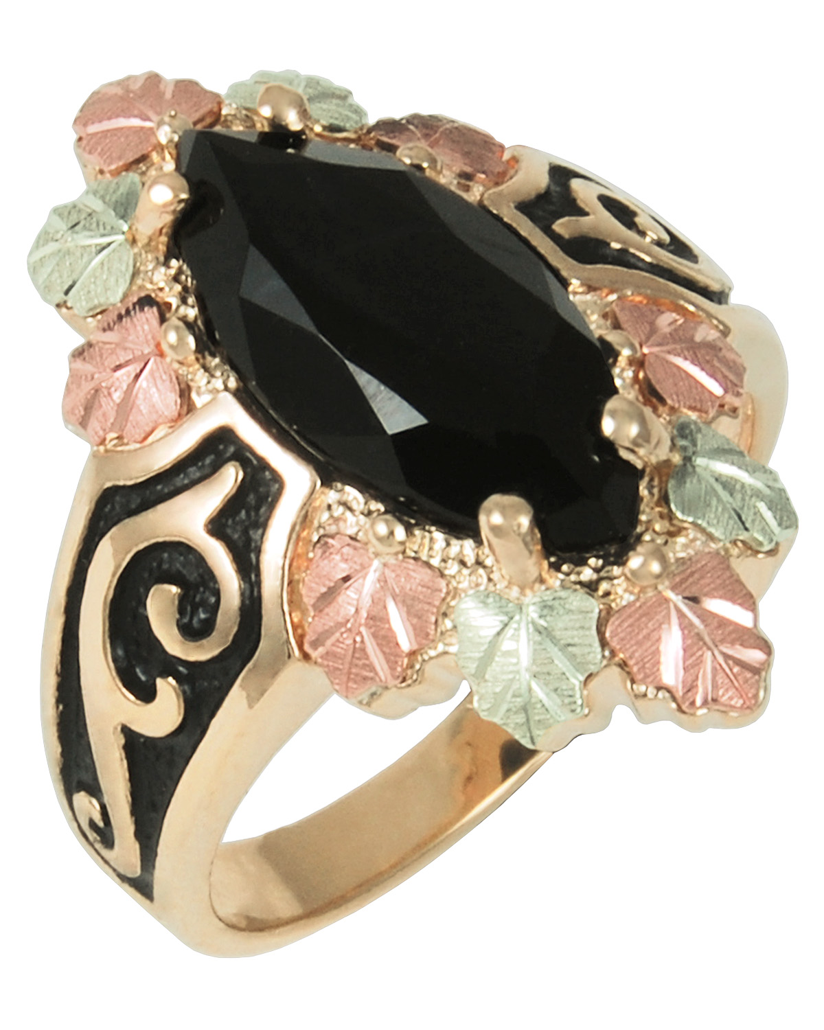 Onyx Black Hills Gold Motif Halo Antiqued Ring, 10k Yellow Gold, 12k Rose Gold, 12k Green Gold