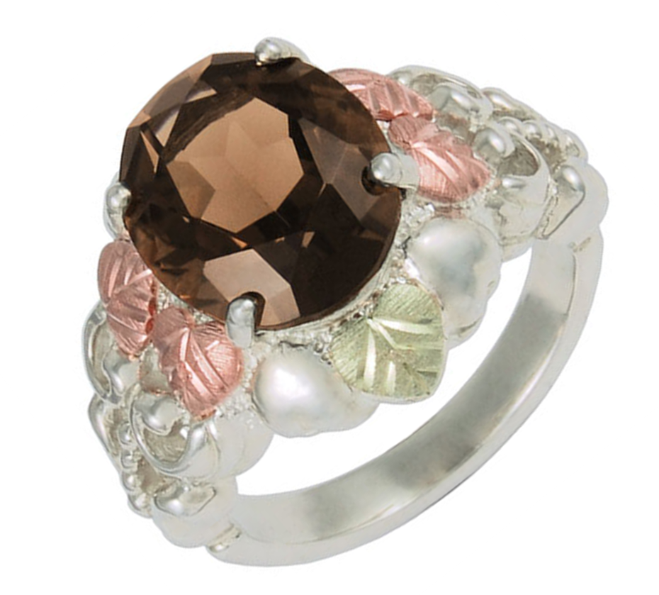 Oval Smoky Quartz Ring, Sterling Silver, 12k Rose Gold, 12k Green Gold Black Hills Gold Motif