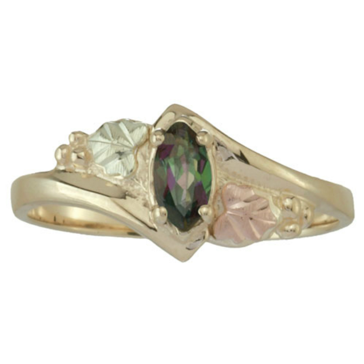 Mystic Fire Marquise Leaf Ring, 10k Yellow Gold, 12k Green and Rose Gold Black Hills Gold Motif