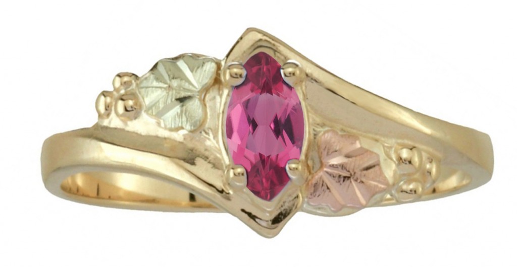 Pink Tourmaline Marquise Bypass Ring, 10k Yellow Gold, 12k Rose Gold, 12k Green Gold Black Hills Gold Motif