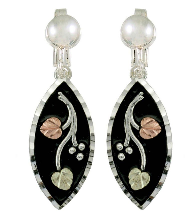 Antiqued Diamond-Cut Clip-on Earrings, Sterling Silver on Black Hills Gold