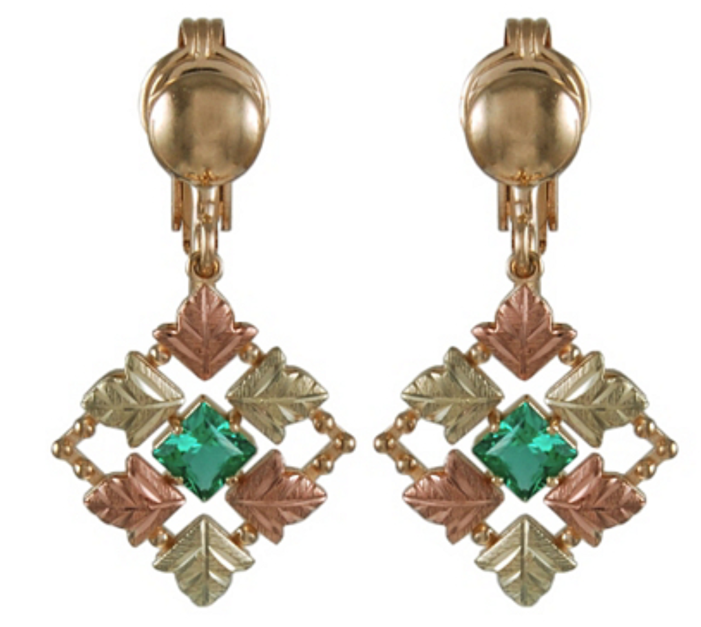 Emerald Obsidianite Clip-on Earrings, 10k Yellow Gold, 12k Green and Rose Gold Black Hills Gold Motif