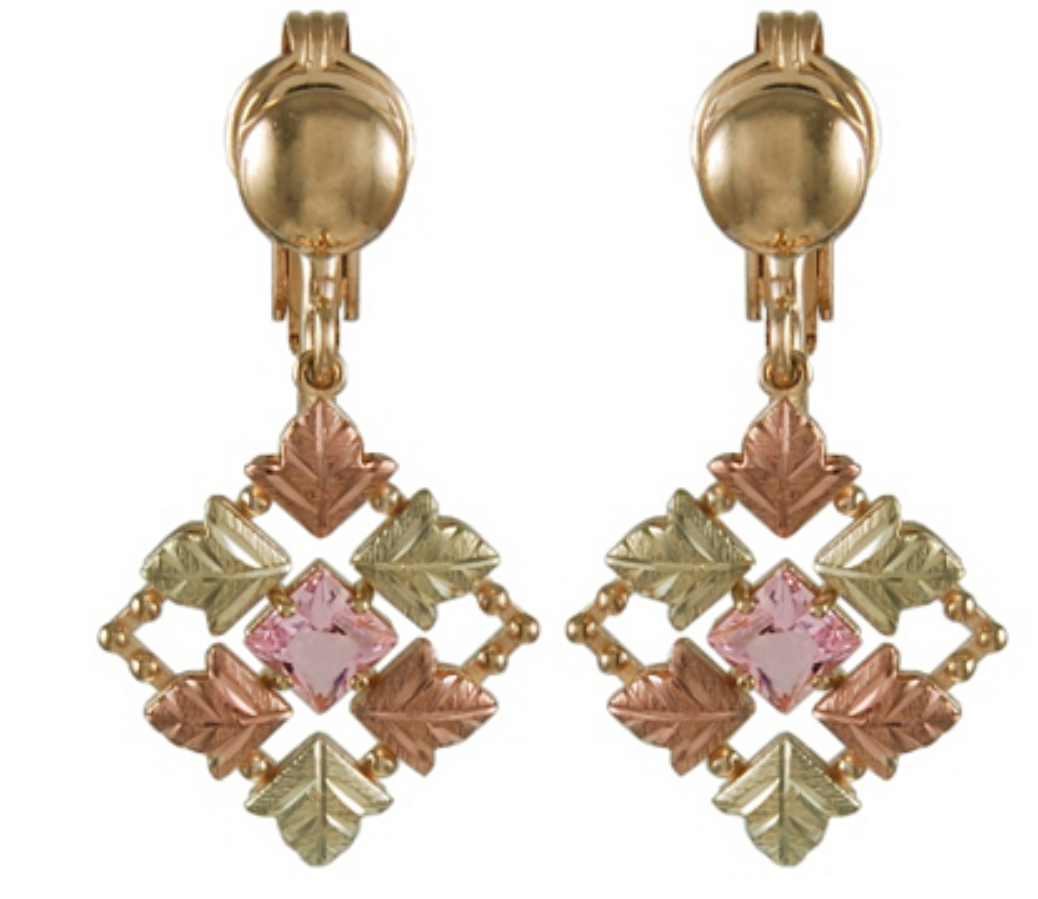 Pink Obsidianite Clip-on Earrings, 10k Yellow Gold, 12k Green and Rose Gold Black Hills Gold Motif