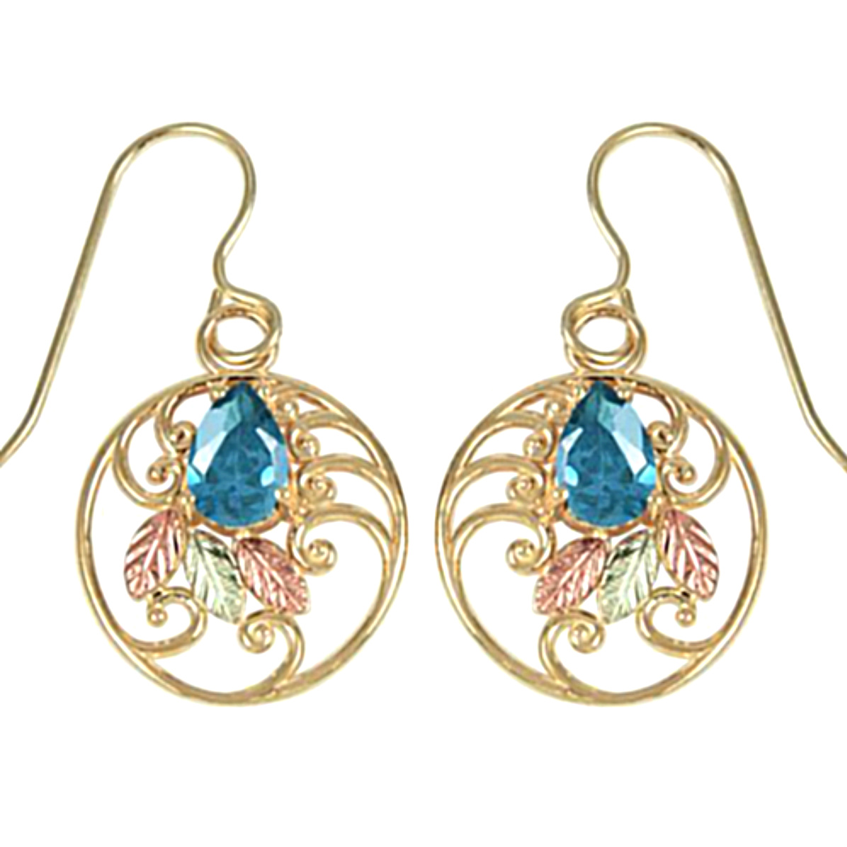 Pear London Blue Topaz Scrollwork Earrings, 10k Yellow Gold, 12k Green and Rose Gold Black Hills Gold Motif