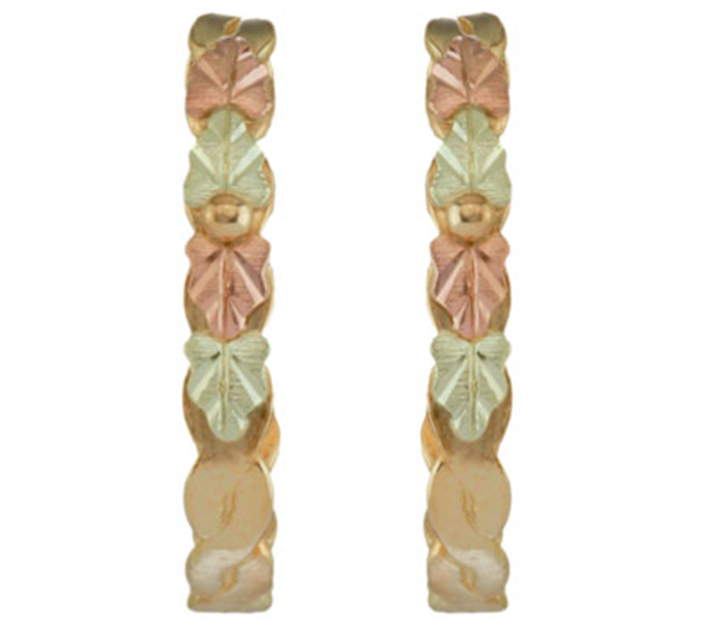 Hoop Earrings, 10k Yellow Gold, 12k Rose and Green Gold Black Hills Gold Motif