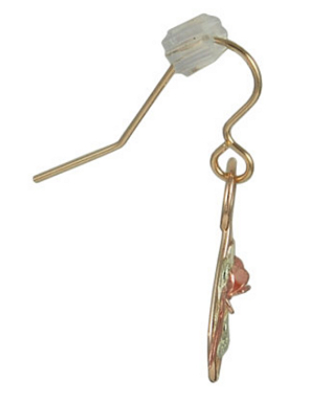 Hummingbird and Rose Earrings, 10k Yellow Gold, 12k Green and Rose Gold, Side View