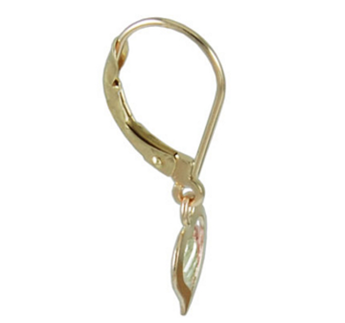 10k Yellow Gold Lever Back Floating Heart Earrings, Black Hills Gold Motif, Side View