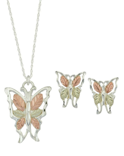 Butterfly Earrings and Necklace Matching Set, Sterling Silver, 12k Green and Rose Gold Black Hills Gold Motif