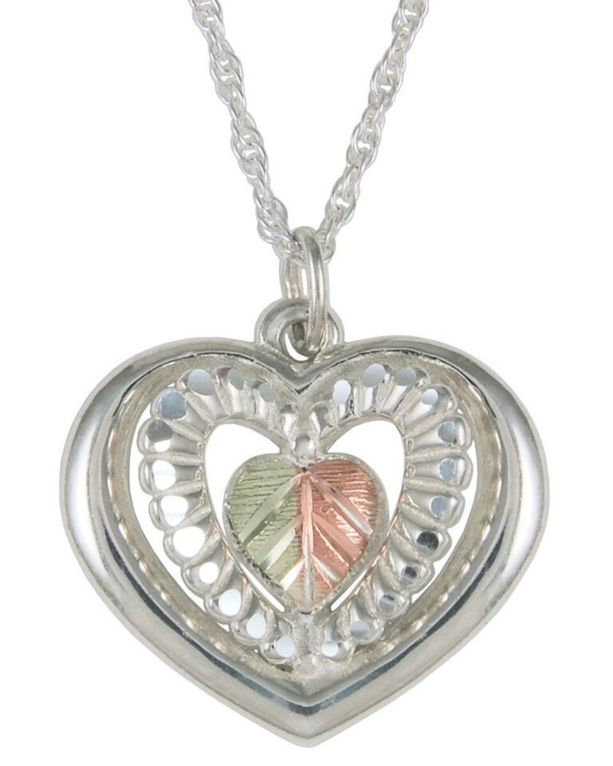 Heart with Silver Design Earrings and Necklace Matching Set, Sterling Silver, 12k Green and Rose Gold Black Hills Gold Motif