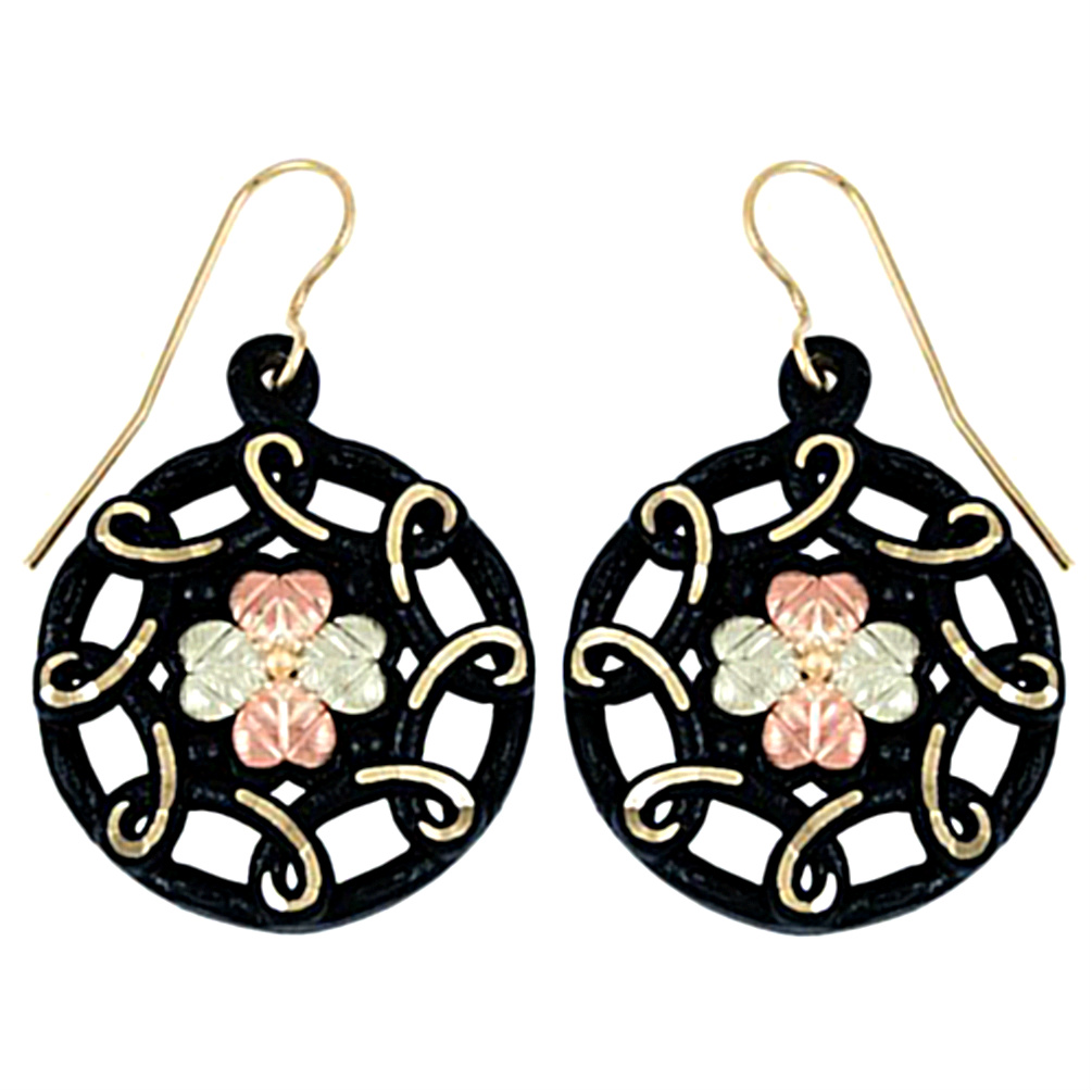  Black Powder Coated Circle Earrings, 10k Yellow Gold, 12k Green and Rose Gold Black Hills Gold Motif 