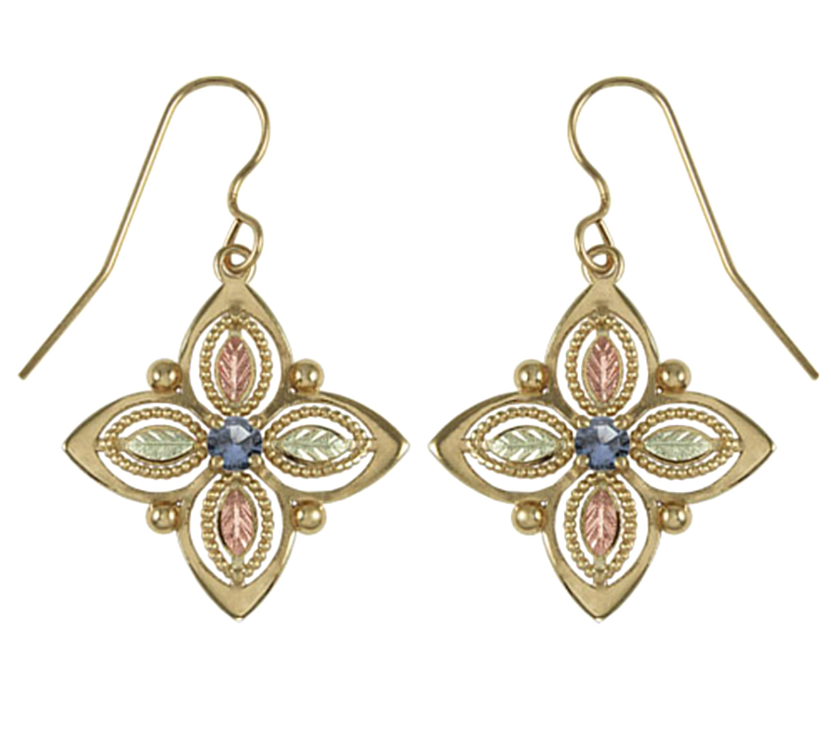 Blue Topaz Four Leaf Passion Earrings, 10k Yellow Gold, 12k Green and Rose Gold Black Hills Gold Motif