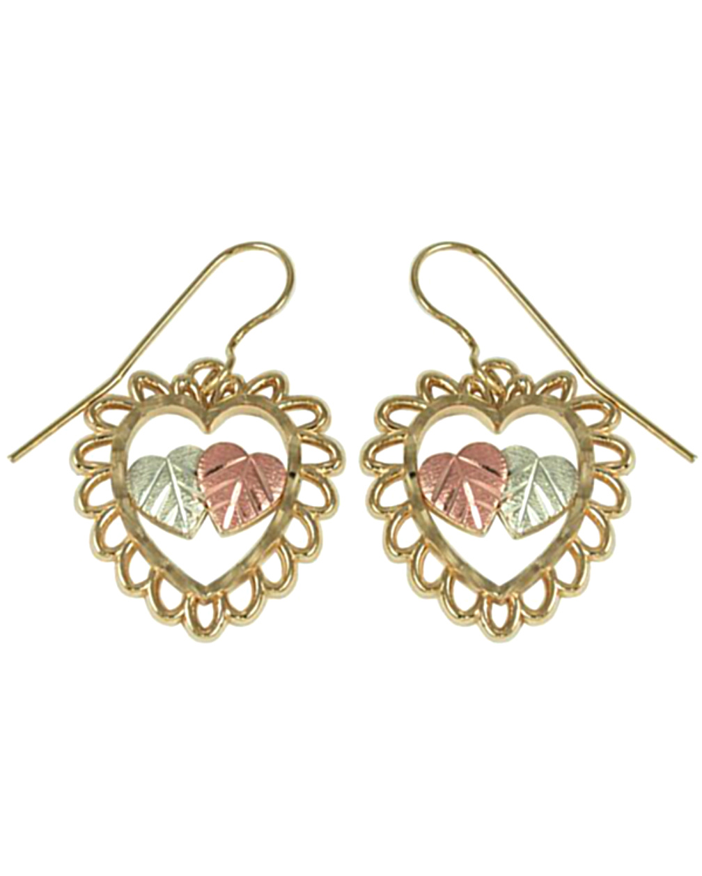 Hearts within a Diamond Cut Heart Earrings, 10k Yellow Gold, 12k Green and Rose Gold Black Hills Gold Motif