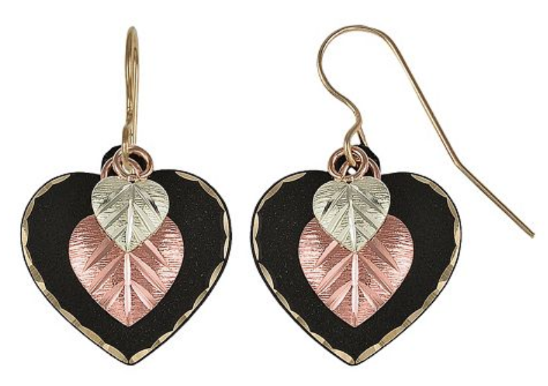 Black Powdercoate Heart Earrings, 10k Yellow Gold, 12k Green and Rose Gold Black Hills Gold Motif