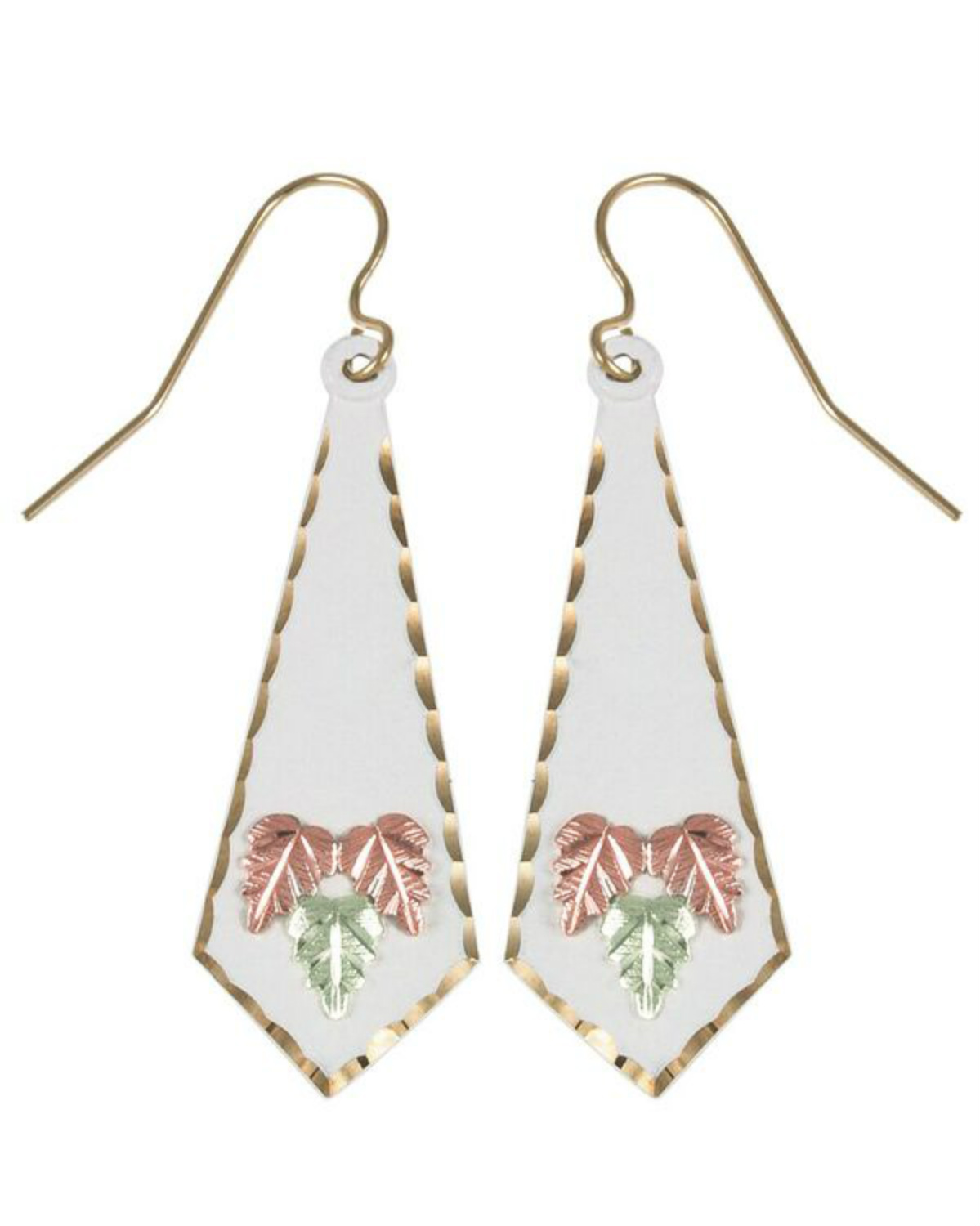 Moonlight Diamond Shaped White Coated Earrings, 10k Yellow Gold, 12k Green and Rose Gold Black Hills Gold Motif