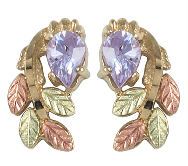 Lavender Ice Pear Earrings, 10k Yellow Gold, 12k Green and Rose Gold Black Hills Gold Motif